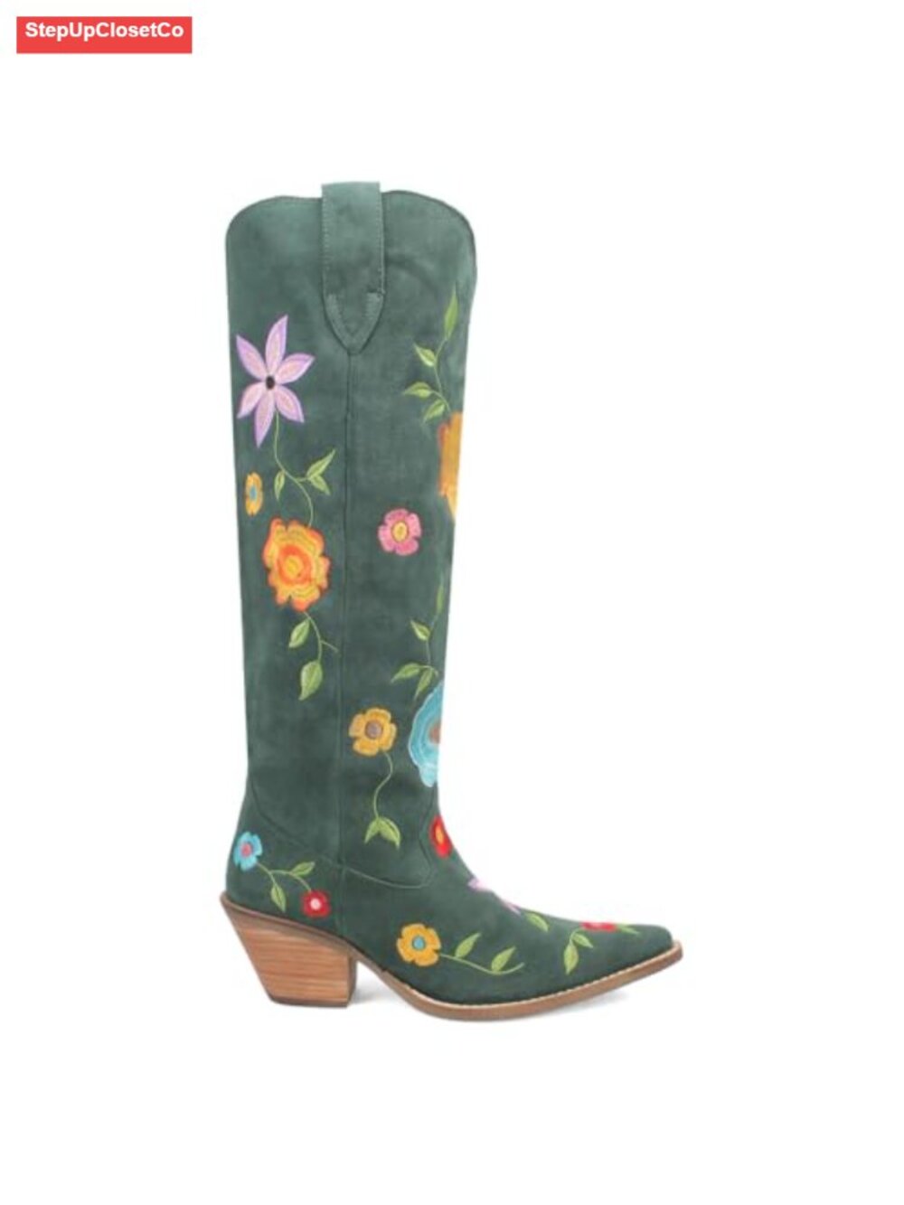 Embroidered Floral Snip Toe Pull On Casual Over the Knee Mid Heel Boots